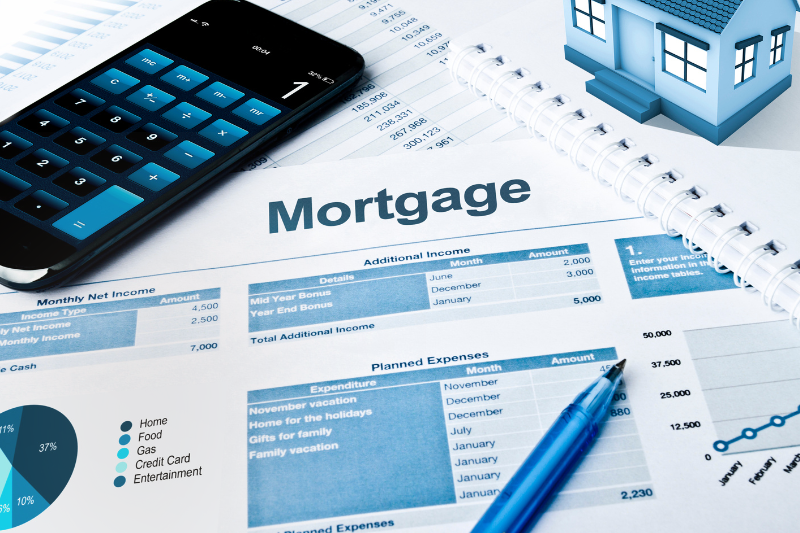 Mortgage budget sheet with calculator and house model representing real estate agent training on credit score impact – GSREA